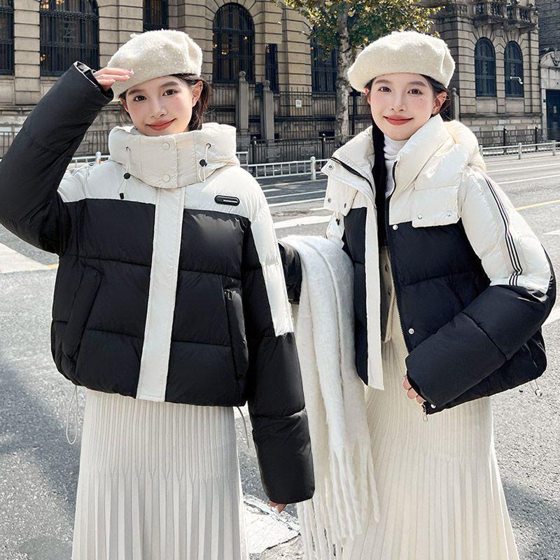 Модное короткое хлопковое пальто в стиле колор-блок для женщин, с капюшоном, свободного кроя, зимняя корейская куртка, толстая верхняя одежда