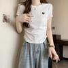 White Round Neck Front Shoulder Short-sleeved T-shirt Women's 2025 New Summer Slim-fit and Thin Three-dimensional Embroidered Top