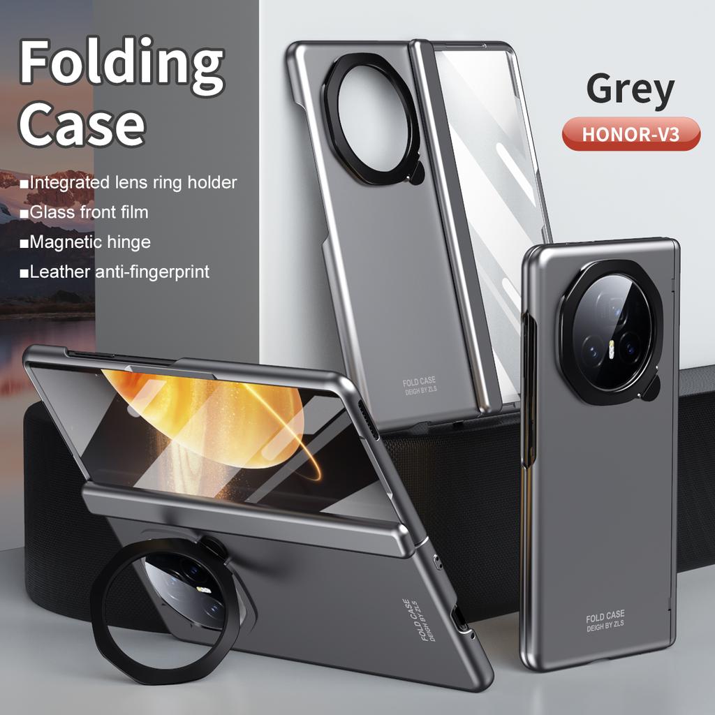 Luxury Business Frosted Plating Hinge Folding Holder Case for Honor Magic V3 Black Gray Ring Bracket and HD Glass Film Front Shockproof Protect Cover