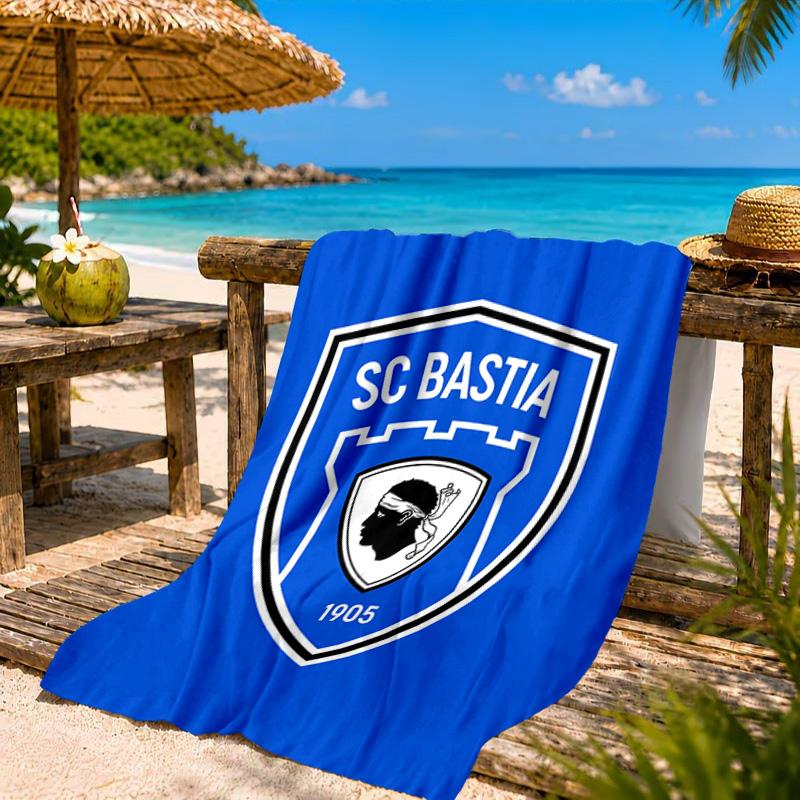 Пляжное полотенце с гербом футбольного клуба SC Bastia, Быстросохнущее, Легко ухаживать, Подходит как для занятий спортом, так и для пляжного отдыха, Спортивный аксессуар