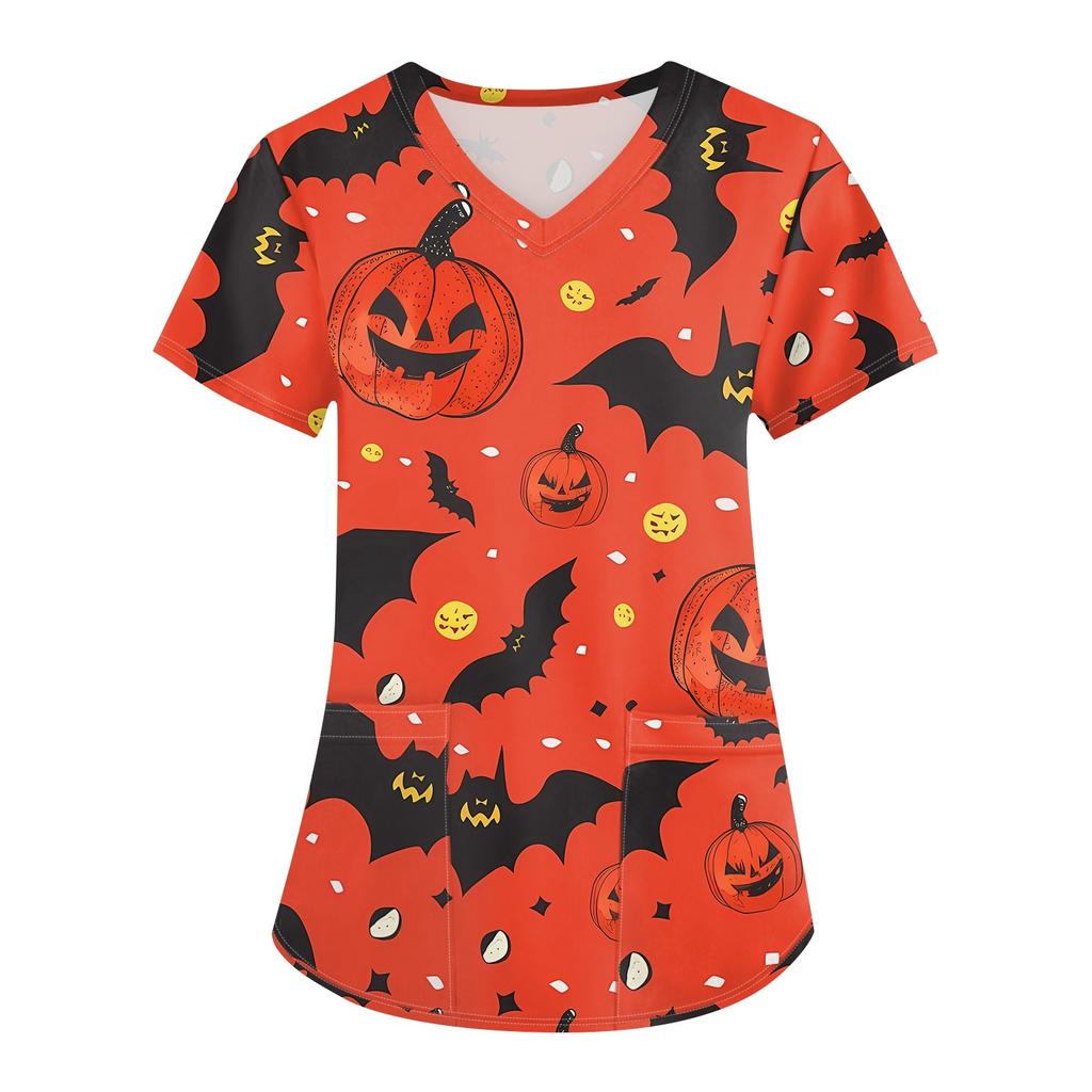 Женская мода V-образным вырезом с короткими рукавами и карманами Топы с принтом на Хэллоуин