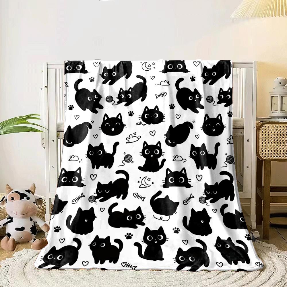 Cute black cats with playful poses, pawprints, hearts, and toys. for all seasons blanket lunch break throw gift