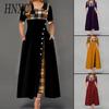Women Fashion Casual Irregular Plaid Button Print Maxi Short Sleeve O-Neck Plus Size Party Dress