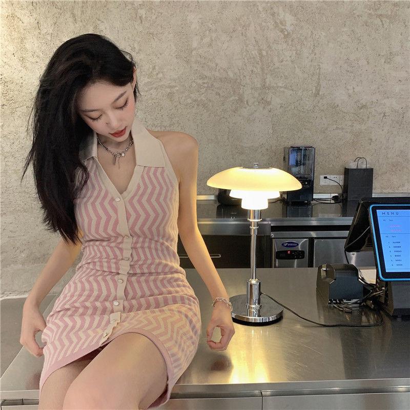 Knit Stripes Sexy Turn-down Collar Sleeveless Women Tight-fitting Hip Dress Bodycon Summer Button Closure
