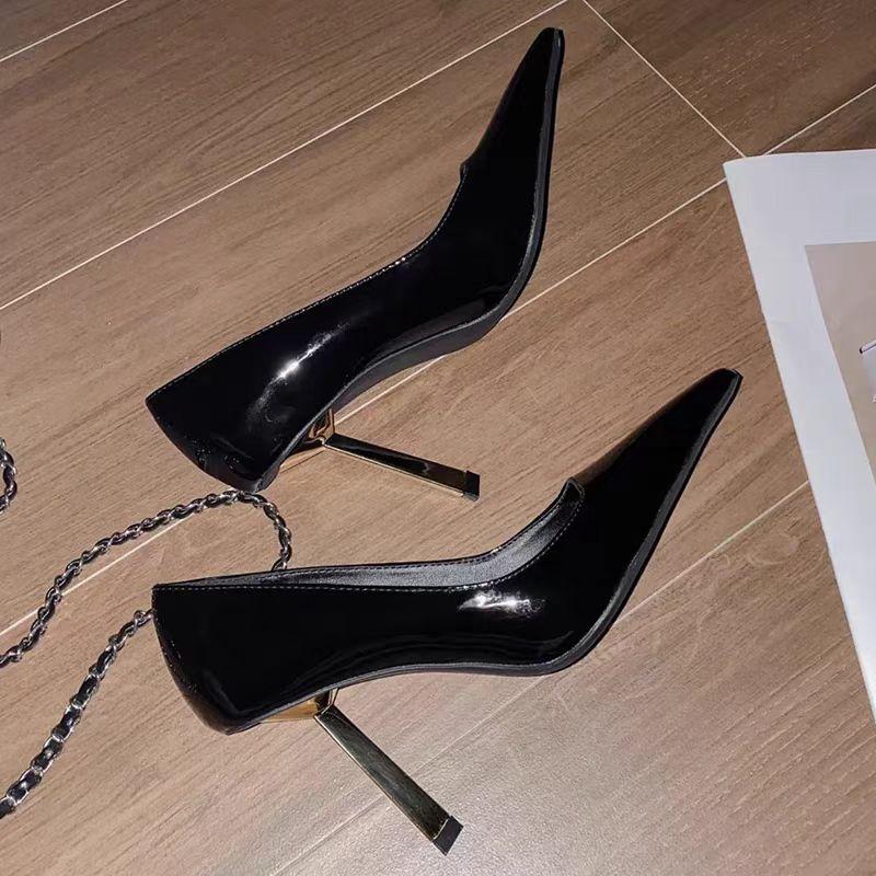 Тополевый лес те же треугольные золотые каблуки остроносые лакированные туфли-лодочки женские 2025 новые тонкий каблук сексуальные в стиле Spice girl туфли на высоком каблуке