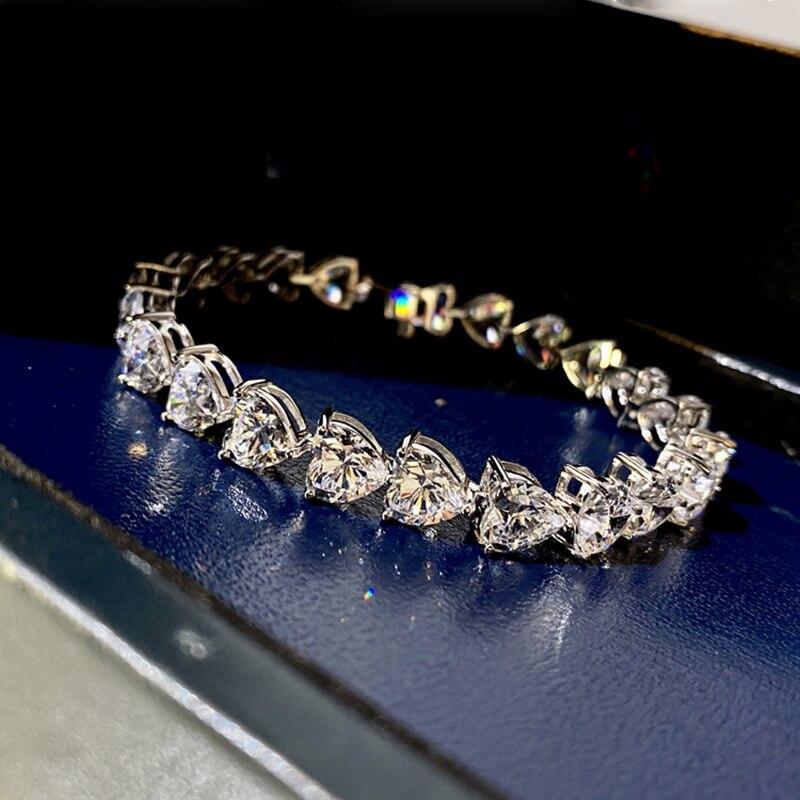 Стерлингового серебра 925 пробы, муассанит, белый кристалл, CZ, драгоценный камень, браслеты в форме сердца любви для женщин, ювелирные изделия, свадебный подарок