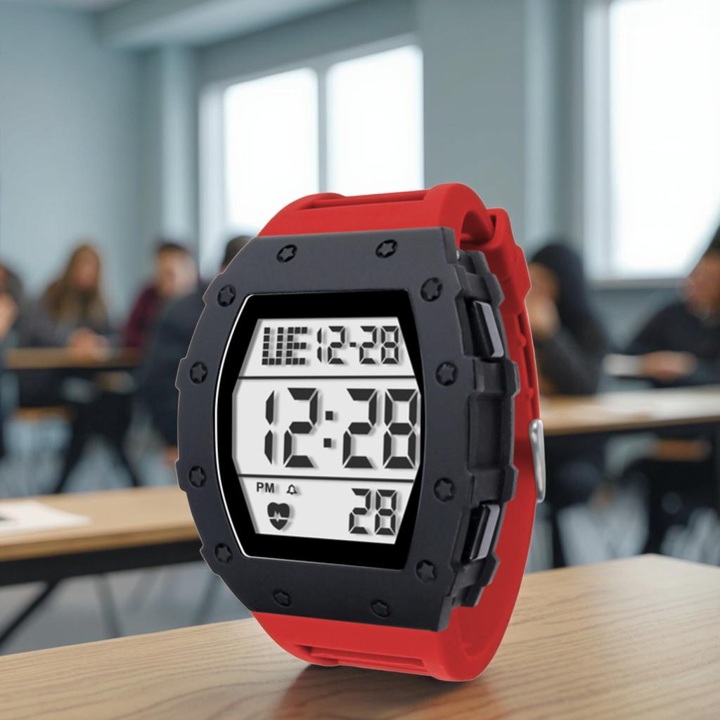 Children's LED Display Digital Electronic Watch Luminous Week Display Black Plastic Band Glass Dial Alarm Square TPU Material