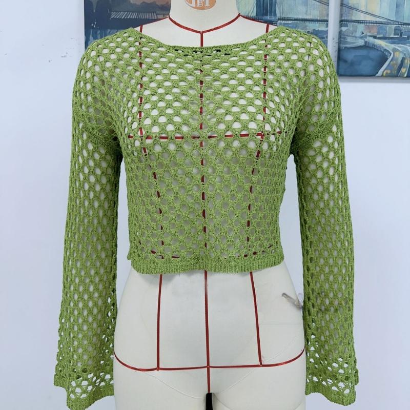 Летняя свободная трикотажная блузка с открытыми плечами, женские повседневные рубашки с расклешенными рукавами и круглым вырезом для женщин, модные элегантные однотонные укороченные топы 24123