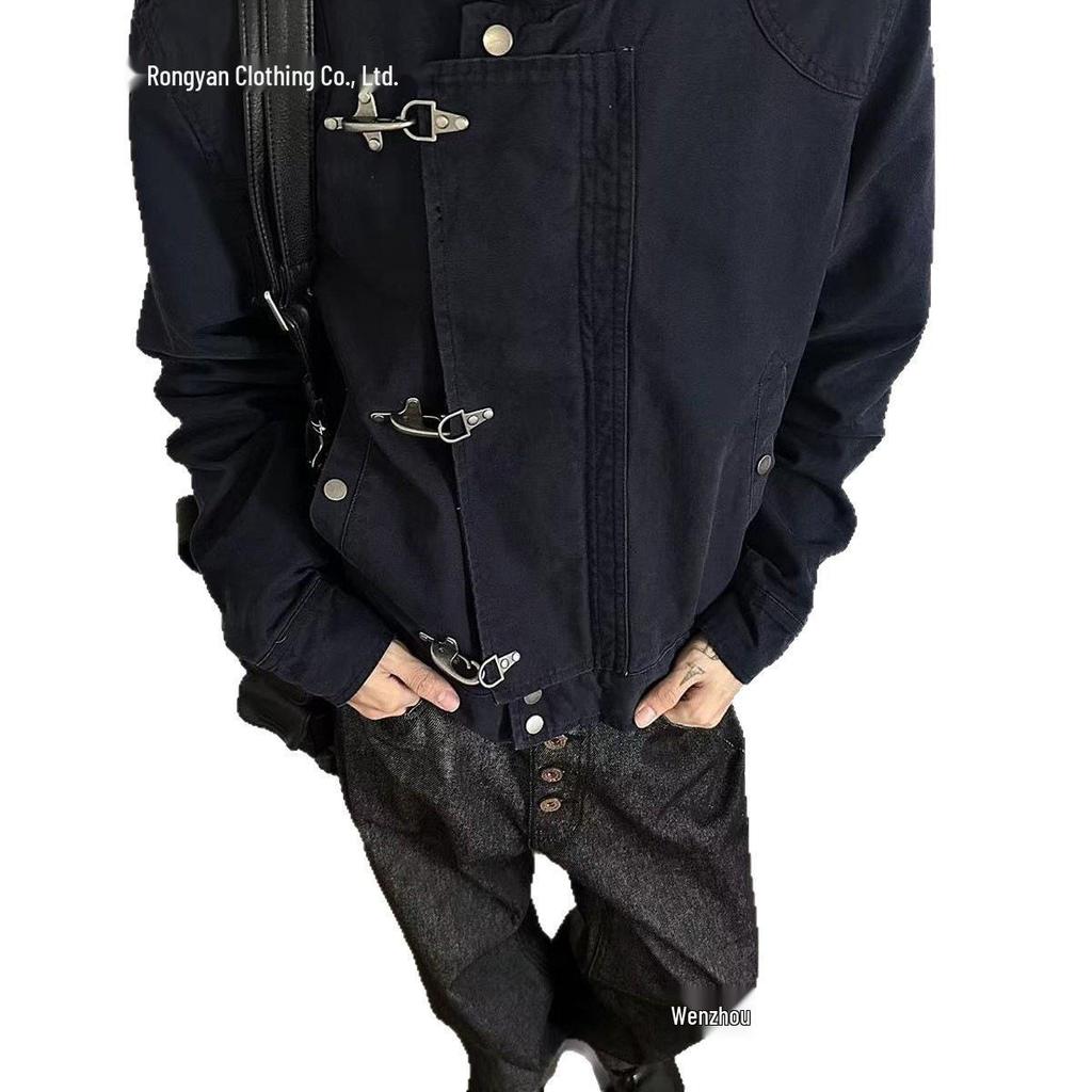 Unisex Retro Distressed Patchwork Airplane Buckle Jacket - Original Design, Loose Fit, Short Coat.