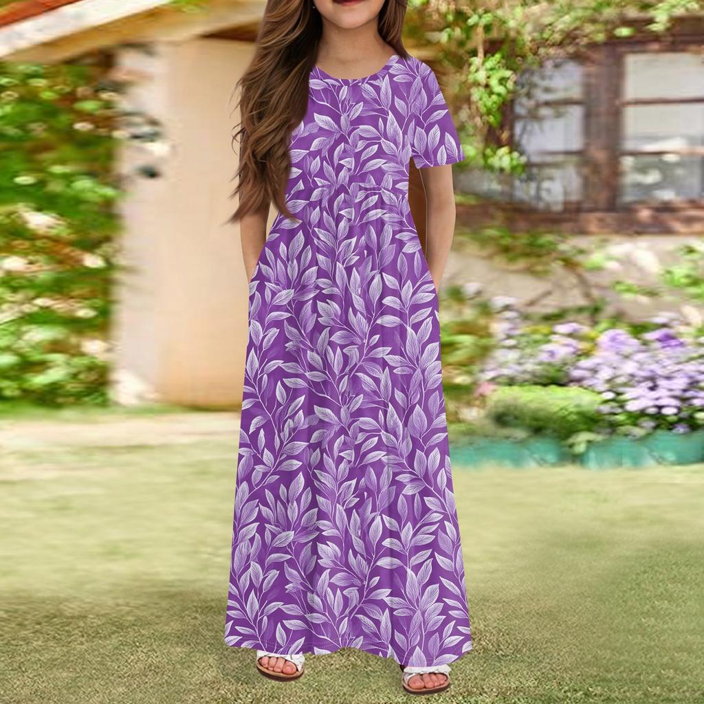 Длинное летнее платье для девочек - платье макси с короткими рукавами и карманами для детей 4-14 лет