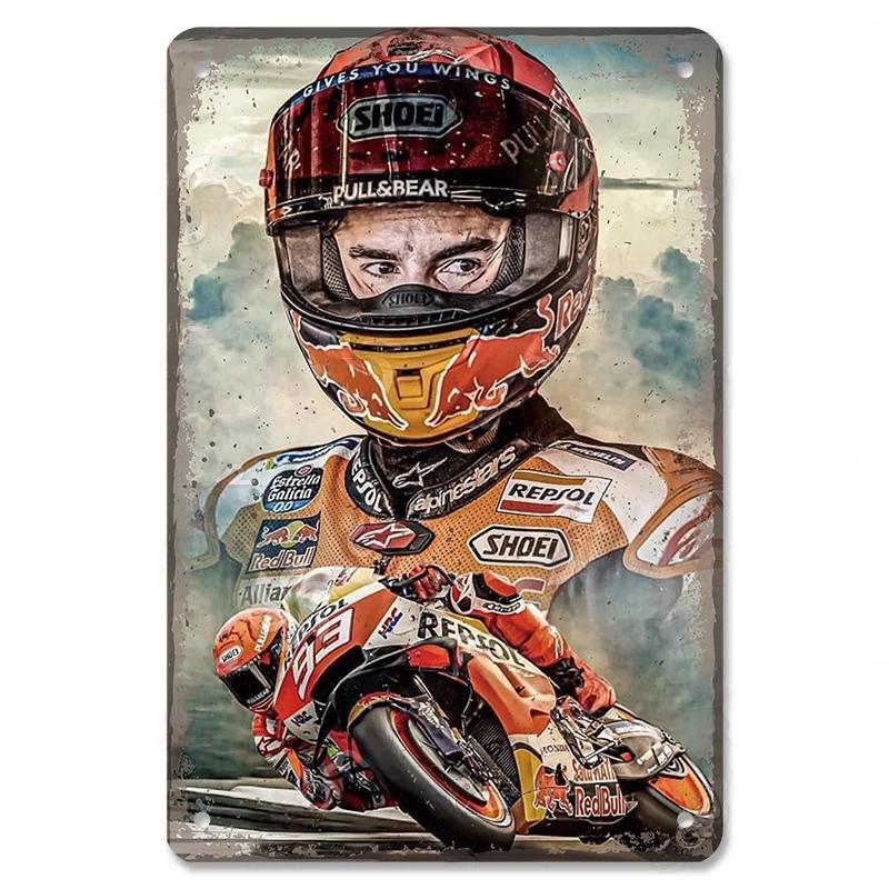 Хисун Металлическая табличка Винтажная Мотогонщик MotoGP Металлическая жестяная табличка Ретро Мотоциклетные гонки Железная живопись Настенное искусство Классический Мотоциклист Декоративная табличка f