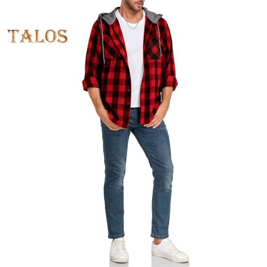 Fall Spring Men Shirt Hooded Drawstring Long Sleeves Color Matching Plaid Print Single-breasted Daily Wear School Home Shirt Coat