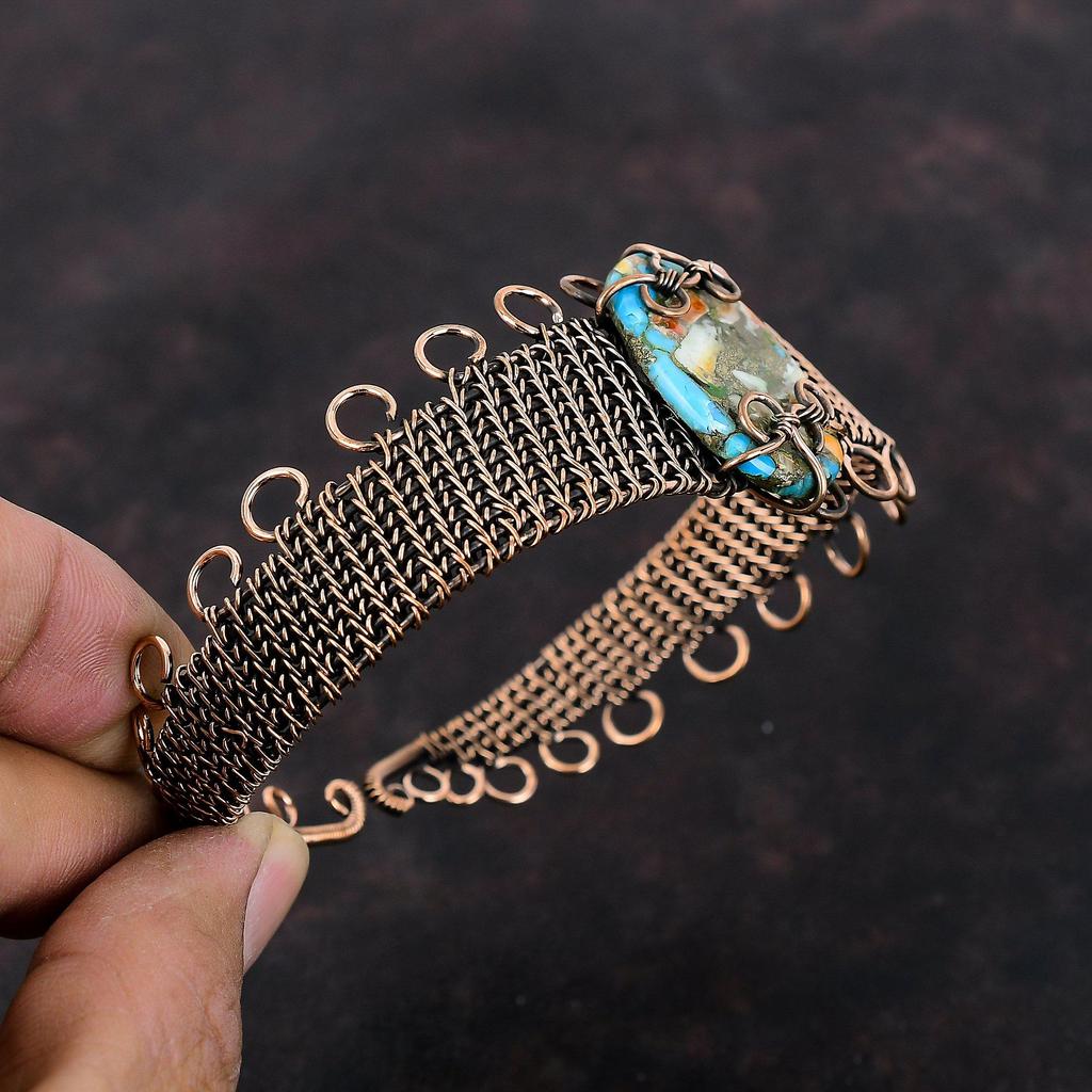 Spiny Oyster Copper Turquoise Bangle Copper Wire Wrapped Cuff Bracelet Handmade Adjustable Bangle Gemstone Cuff Copper Jewelry Gift For Mom