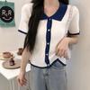 Summer Korean Version POLO Collar Slim Fit Contrasting Short Sleeved Knitted T-shirt Women's Versatile Short Top