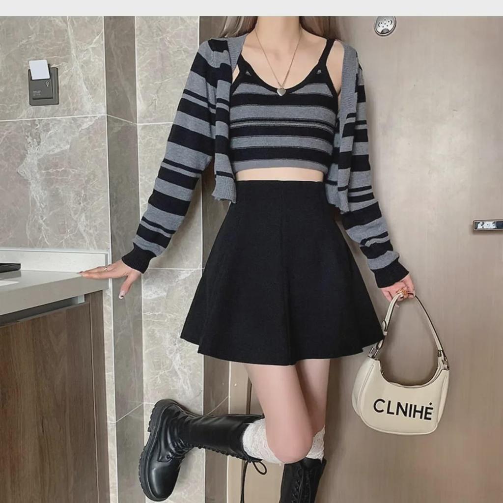 Женская вельветовая юбка А-силуэта с высокой талией и складками - Осень/Зима 2023 Корейский стиль