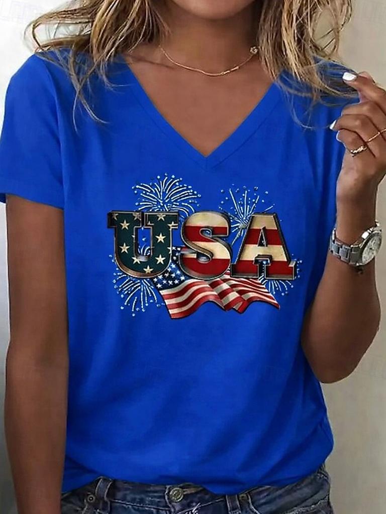 American Independence Day Women's T Shirt Print Graphic Flag Vintage Stylish Classic Short Sleeve V Neck Regular Tops