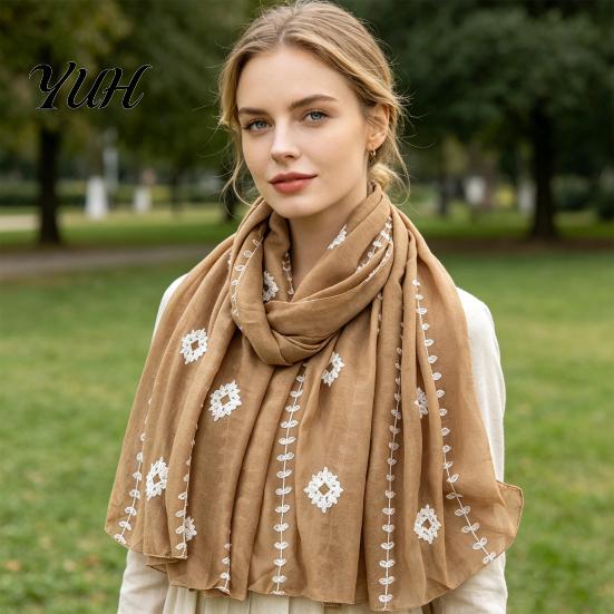 Lightweight Breathable Wrap Solid Color Embroidered Shawl for Women, Soft Gauze Scarf with Floral Oriental Style Vine Texture, 180x90cm Spring Summer