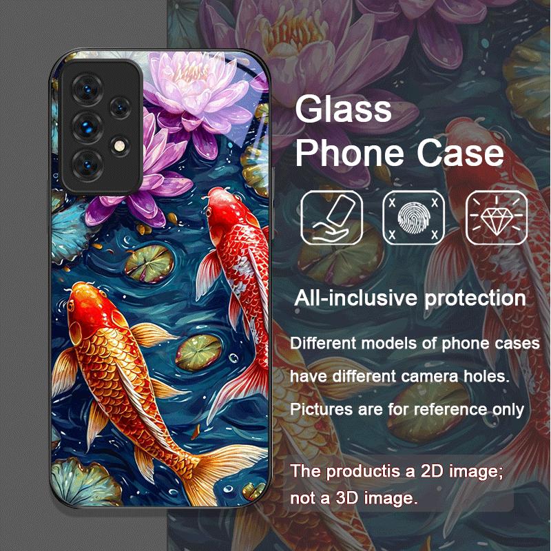 Роскошный Чехол из Закаленного Стекла с Рисунком Цветка Лотоса и Рыб Кои для Samsung Galaxy A06 A72 A55 A54 A53 A52 A36 A15 A14 A13 Чехлы