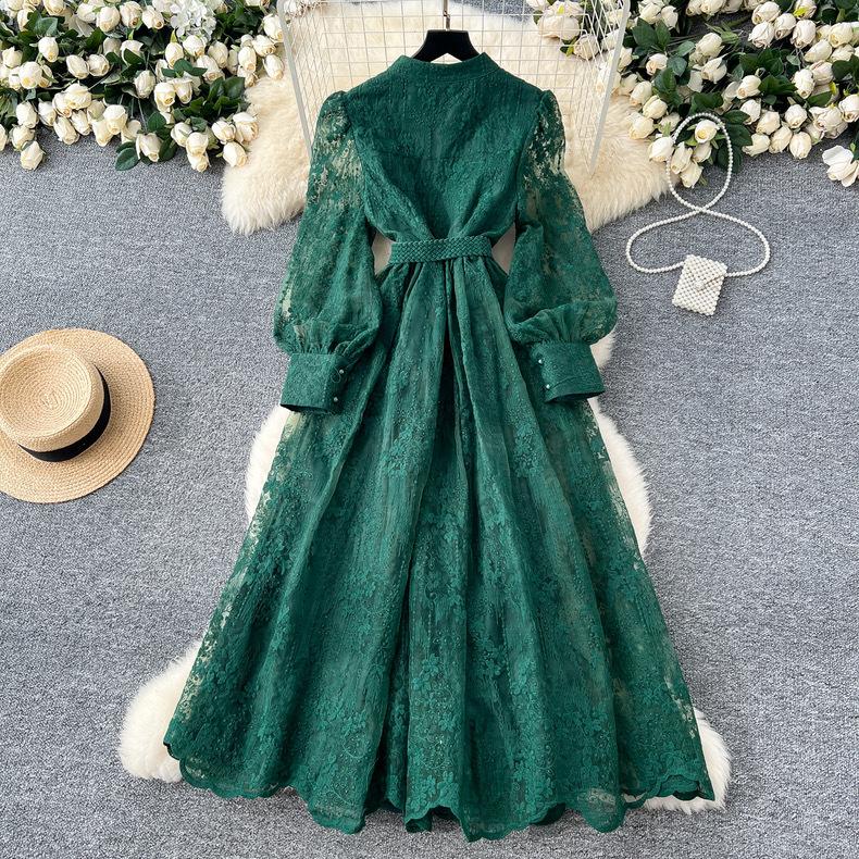 France Vintage Embroidery Formal Dresses Women Summer Autumn Lantern Long Sleeve Lace Pearl Prom Evening Birthday Party Dress