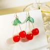 Japanese & Korean Cherry Earrings with Green Leaf, Cute Cartoon Resin Design for Students. Exquisite and Trendy.