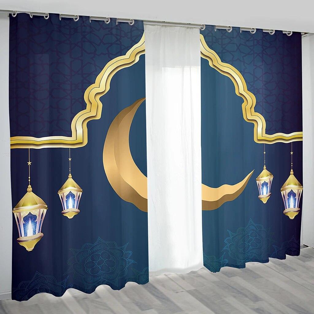 2 шт. занавеска для исламского фестиваля Рамадан, празднующего Мубарака, лунная лампа, городская ночная сцена, занавеска с узором для спальни, окон