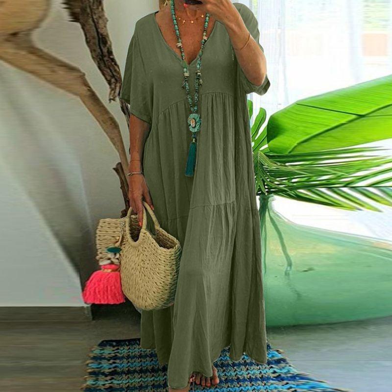 Summer Fashion New Women's Long Dress V- Neck Irregular Cotton Blended Elegant Large Size Casual Long Swing Vintage Dress