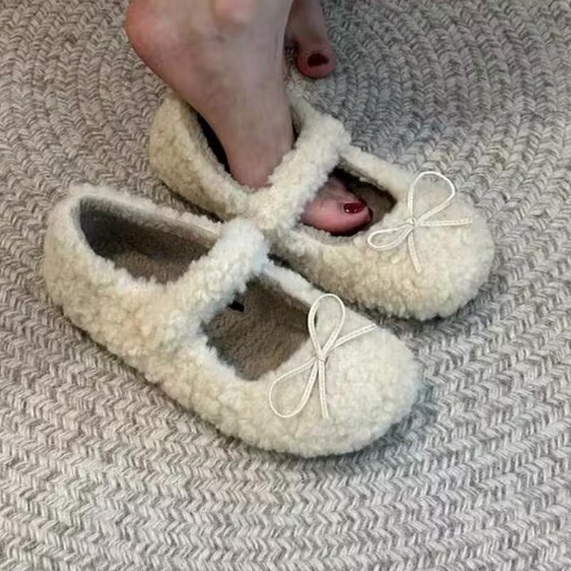Женские туфли Мэри Джейн с бантом на плоской подошве на меху, элегантные туфли на плоской подошве, модная зимняя обувь 2025 года, трендовые короткие плюшевые повседневные новые женские туфли