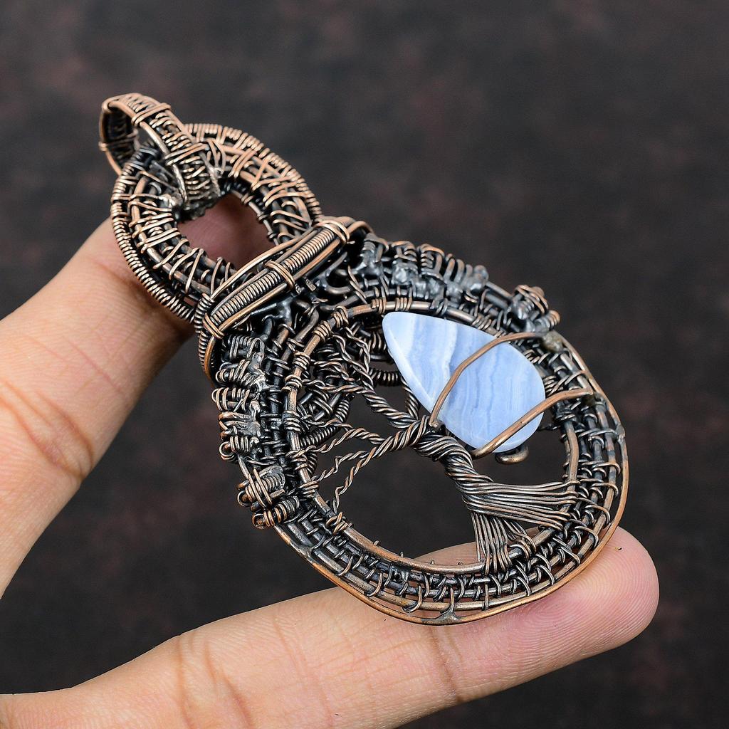 Подвеска из голубого кружевного агата «Дерево жизни», подвеска из медной проволоки, ручная работа, медные украшения, подвеска из драгоценных камней, подвеска из проволоки, подарок для матери