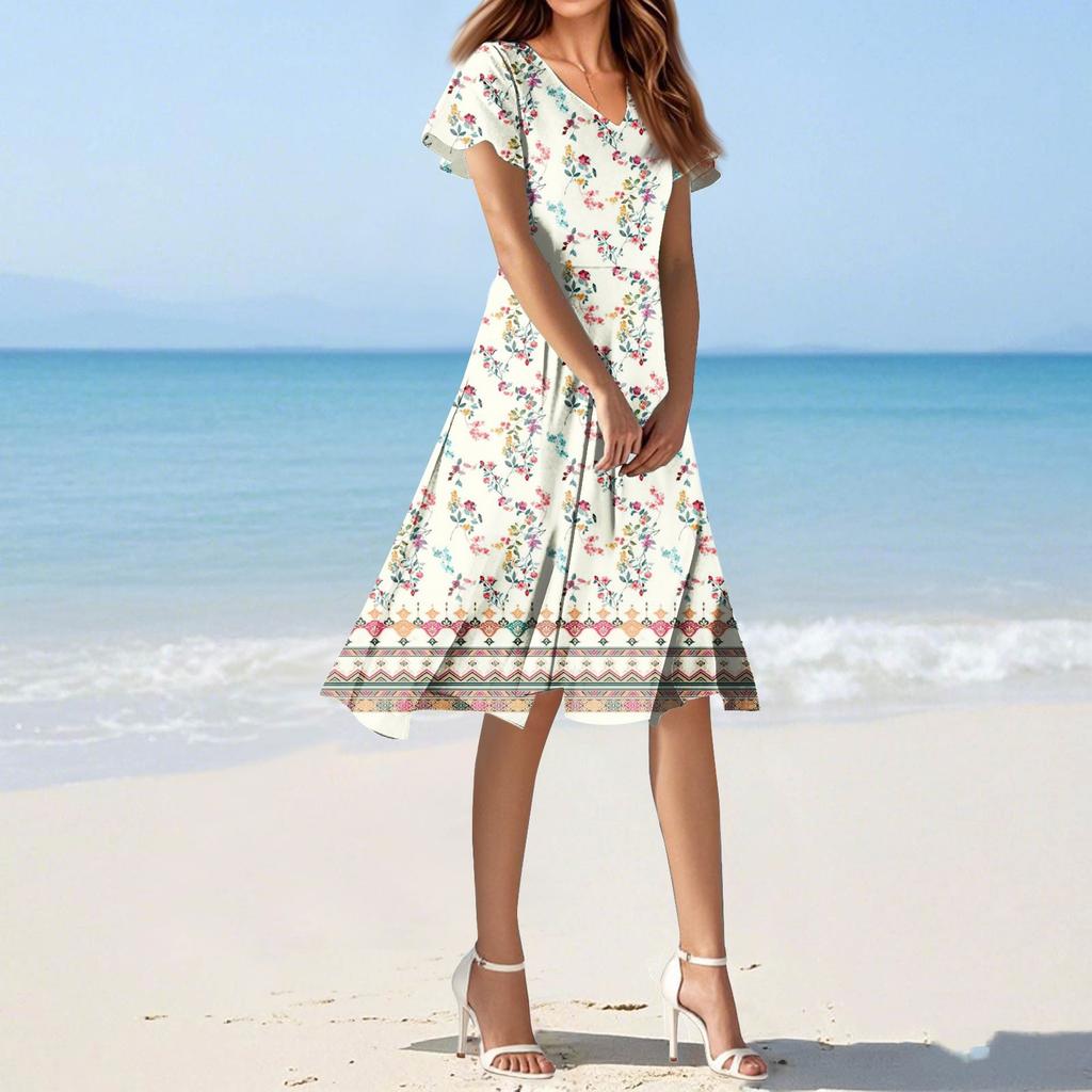 Women's Summer Casual Fashion Flower Print Dress V Neck Short Sleeve Short Skirt