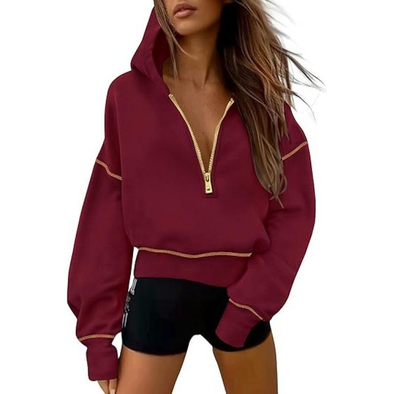 Womens Hooded Sweatshirt With Half Zipper Long Sleeve Loose Fit Cotton Blend Casual Streetwear Daily Wear