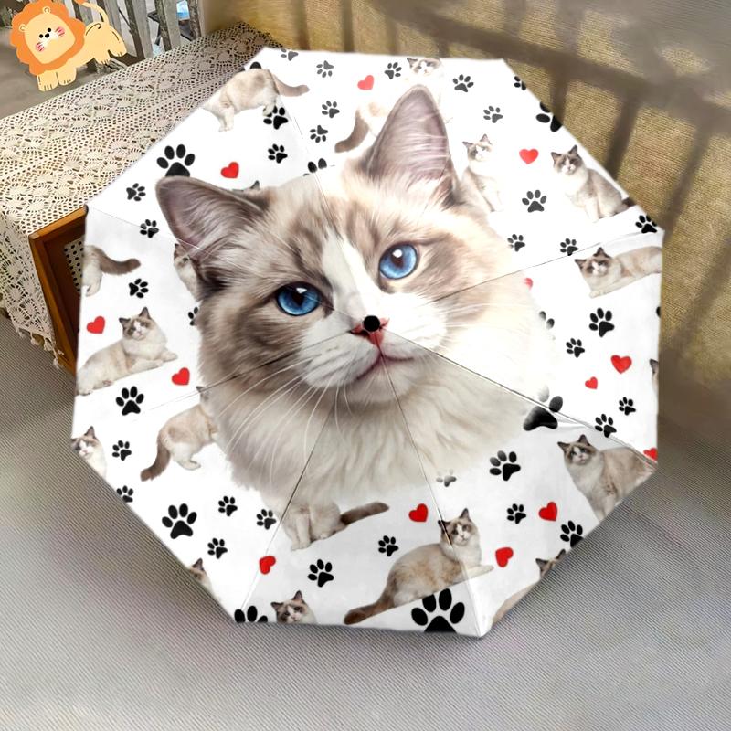 1 шт. Автоматический складной зонт - Узор с милыми кошками и кроликами, Портативный и складной дизайн с 8 спицами, Рождественские и новогодние подарки