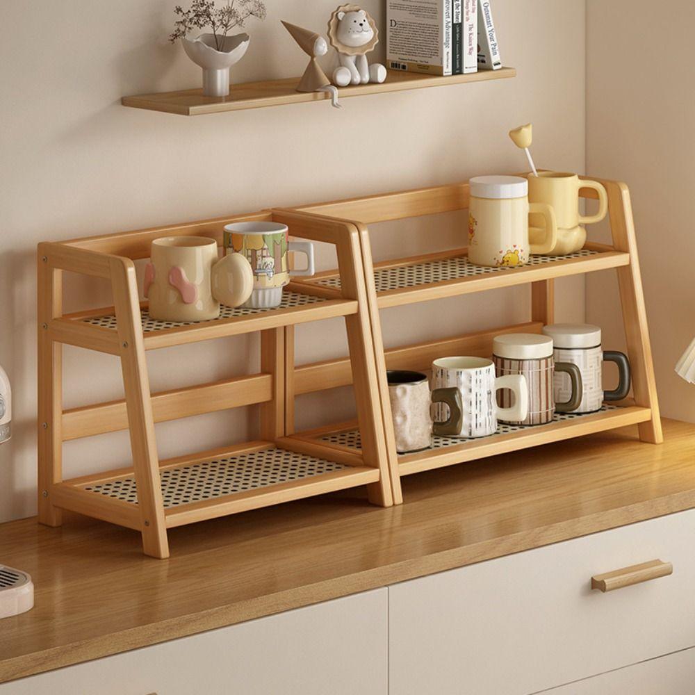 2 Layer Countertop Organizer Multipurpose Bamboo Storage Shelf Retro Kitchen Rack