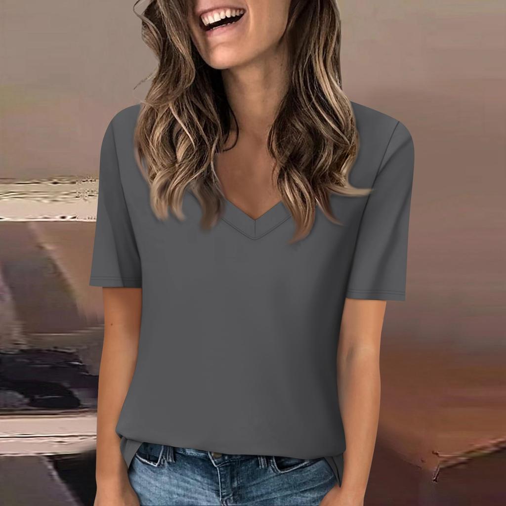 Женская футболка с v-образным вырезом, топ с короткими рукавами, повседневная однотонная футболка