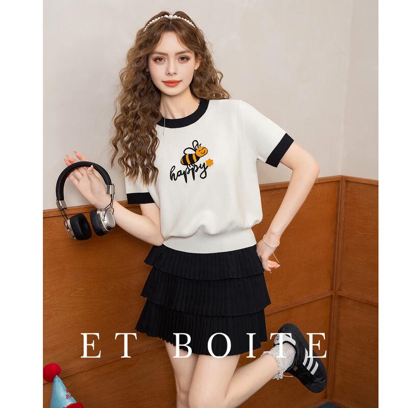ET BOITE Cartoon Bee Embroidered Round Neck T-shirt