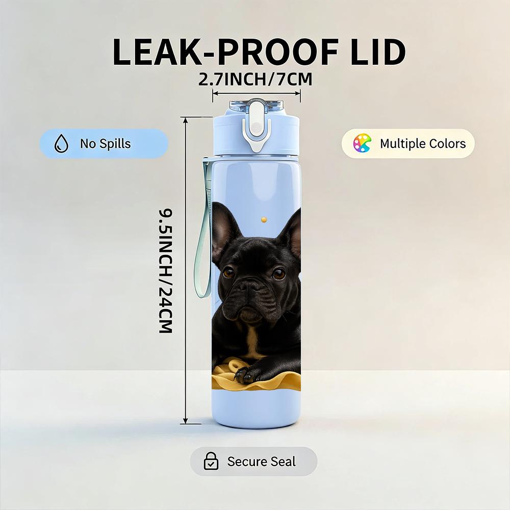 1PC Black French Bulldog Bust 750ml Color Plastic Sports Water Bottle Leakproof Flip Straw Lid For Sports Office Home Use