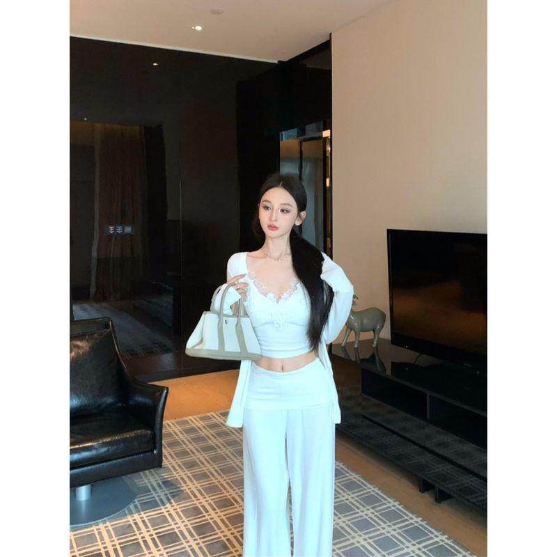 Kumikumi Pure Desire Style White Long Sleeve Cardigan Inner Wear Cami Women Autumn Slimming Wide Leg Pants Three-Piece Suit