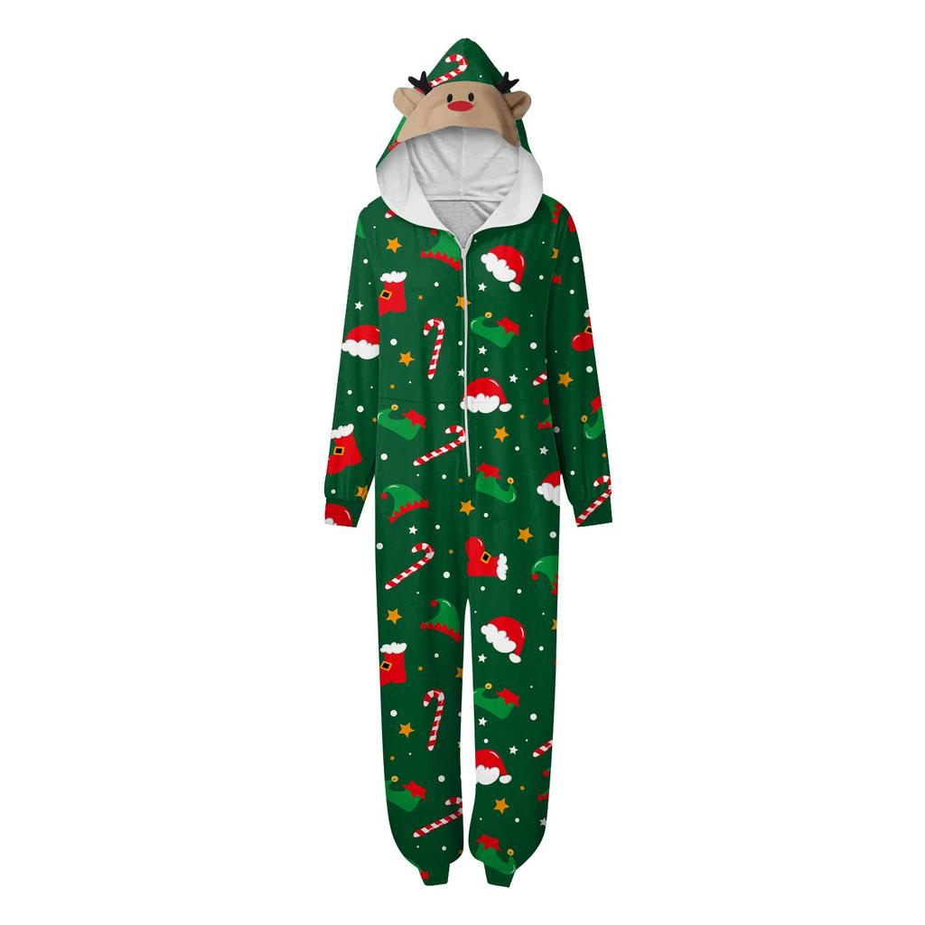 Christmas Print Family Matching Hooded Long Sleeved Zippered Jumpsuit Set
