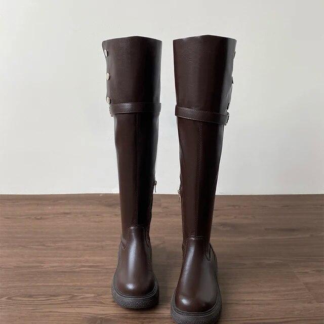 Зимние женские сапоги выше колена, модные женские элегантные ботильоны без шнуровки на низком каблуке, длинные ботильоны с пряжкой на ремне, женские рыцарские ботильоны