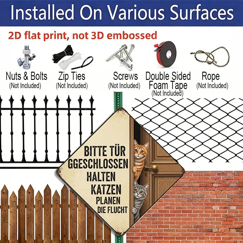 2D Flat - 1pc Vintage Cat Door Closing Themed Aluminum Sign, Funny German Slogan Wall Art, Rustic Aluminum Plaque, Suitable for Entryway, Living