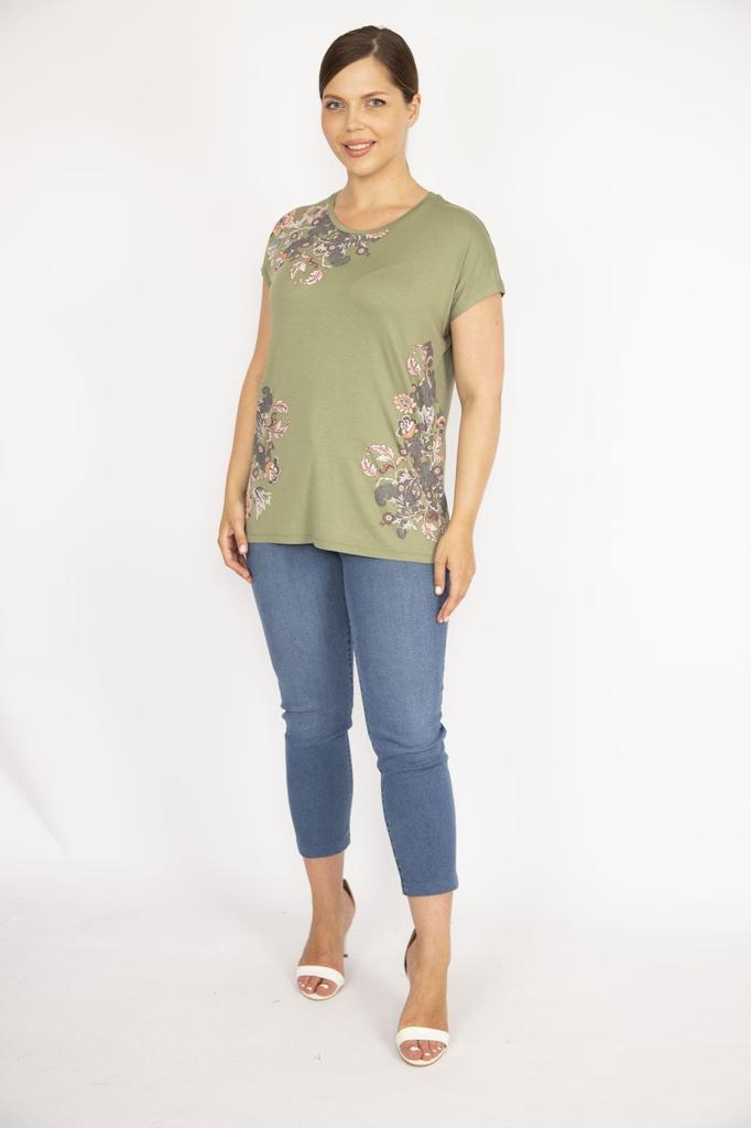 Женская блузка большого размера цвета хаки Блузка с короткими рукавами и круглым вырезом больших размеров спереди с принтом