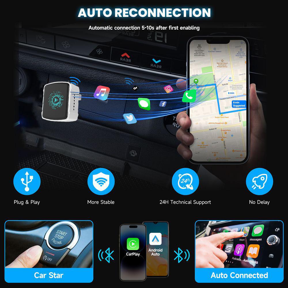 2 In 1 Wired To Wireless Carplay&Android Auto Smart Dongle AI Box Mini Adapter Compatible with 99% of Cars Plug and Play WiFi