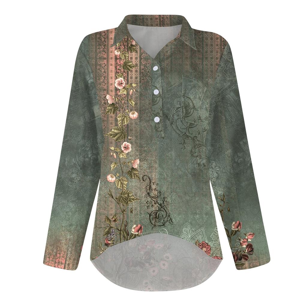 Women's Shirt Blouse Long-sleeved With Buttons Print Casual Hem Irregular Shirt Collar Top
