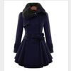 Ladies Winter Fur Collar Slim Double Breasted Woolen Long Elegant Coat