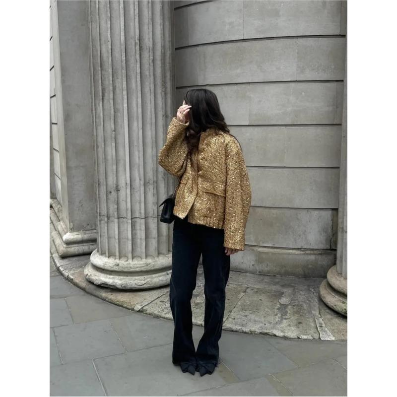Women Fashion Sequins Shiny Short Jacket Elegant Long Sleeves Stand Collar Crop Coat Autumn Ladies High Street Partywear