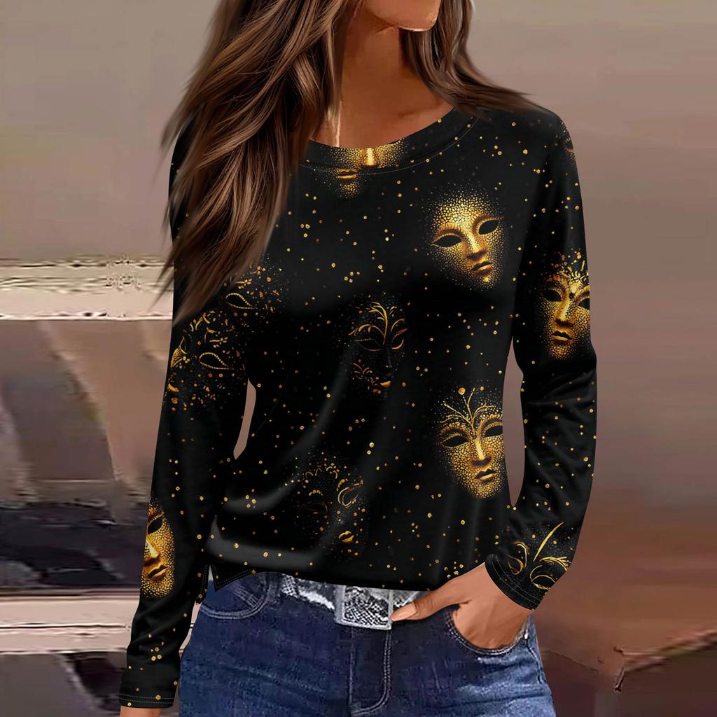 Женская модная повседневная футболка с длинным рукавом, разрезом по подолу и принтом в карнавальном стиле