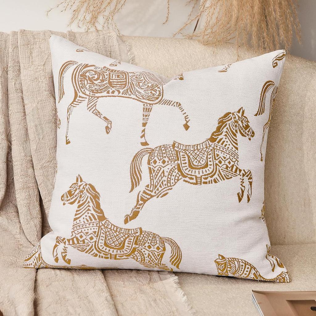 Lumbar Pillow Covers 12x20 inches, Double Sided Horse Pattern Chenille Jacquard Embroidered Decorative Throw Pillows Cover, Luxury Couch Cushion