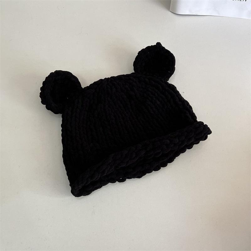 Bear Ears Thick Wool Hat Women's Autumn and Winter Thickened Warm Hand-knitted Woven Big Head Circumference Pullover Hat