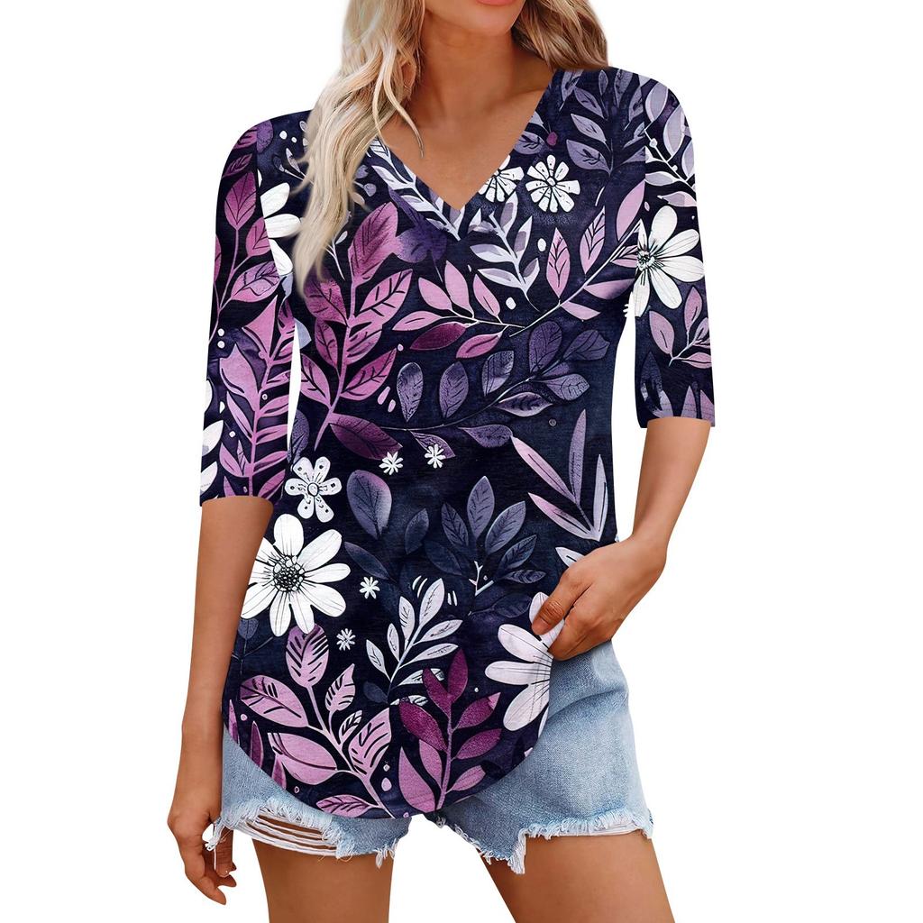 Рубашки для женщин Модные футболки с V-образным вырезом Повседневные блузки с принтом Топы с коротким рукавом для женщин