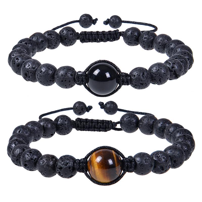 Унисекс плетеный браслет из обсидиана и лавы - 12 мм