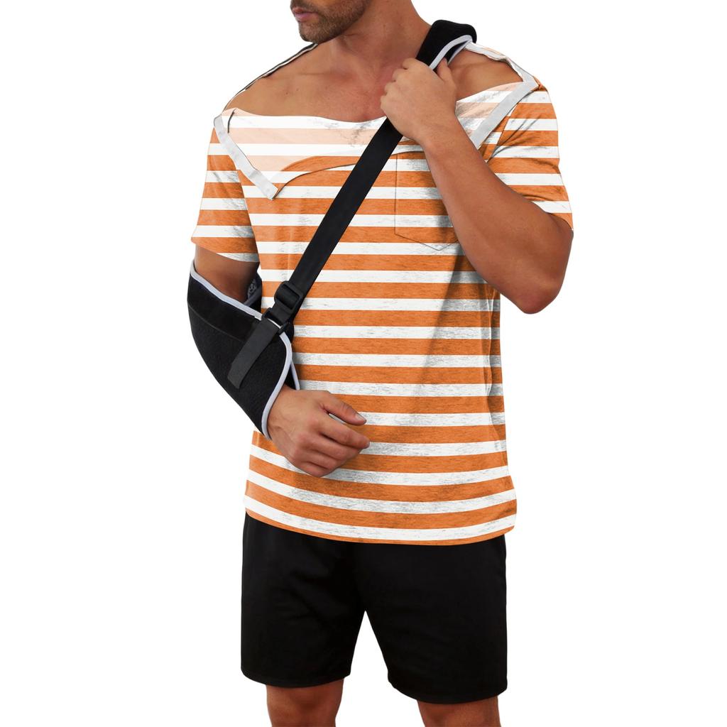 Men Recovery Shirt Striped Print Short Sleeve Full Open Front Closure Design Easy Dressing Top